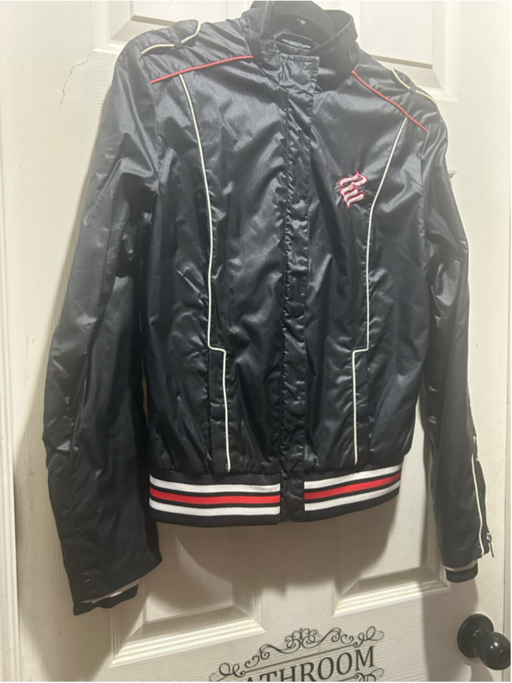 Women's Rocawear Bomber Jacket Size S Black Red Embroidered Logo